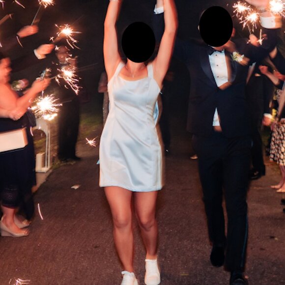 Satin Baby Blue Mini Dress with Open Back - Picture 4 of 5